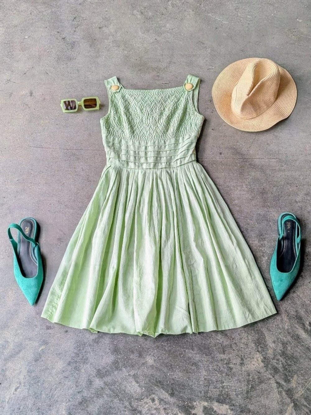 Vintage Mid Mod Handmade Mint Green Embroidered Pleated Fit and Flare Dress